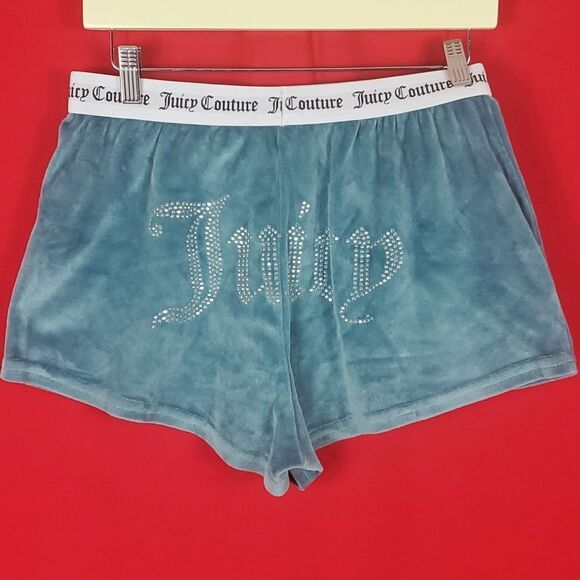 JUICY COUTURE Velour Shorts Teal Bling Rhinestones Y2K Womens Size Large - Picture 1 of 6
